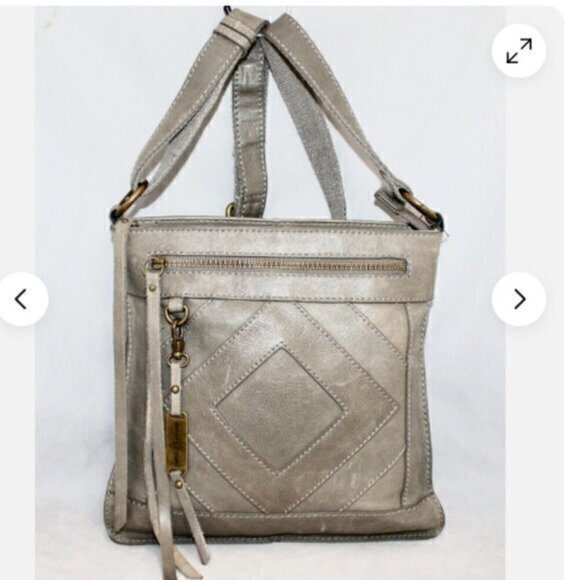 LUCKY BRAND Diamond Patchwork BoHo Distressed Gray Leather Crossbody Messenger - Picture 1 of 12